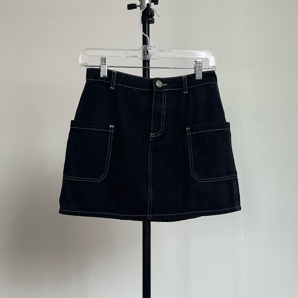 BDG Black denim skirt with white stitching details. Size S
